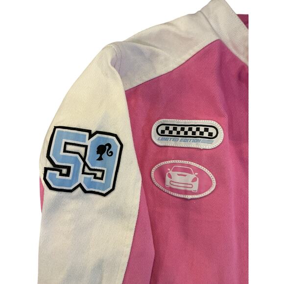 Barbie Pink Varsity Jacket Snap Front Racing Patches Girls 5–6 - Picture 3 of 7